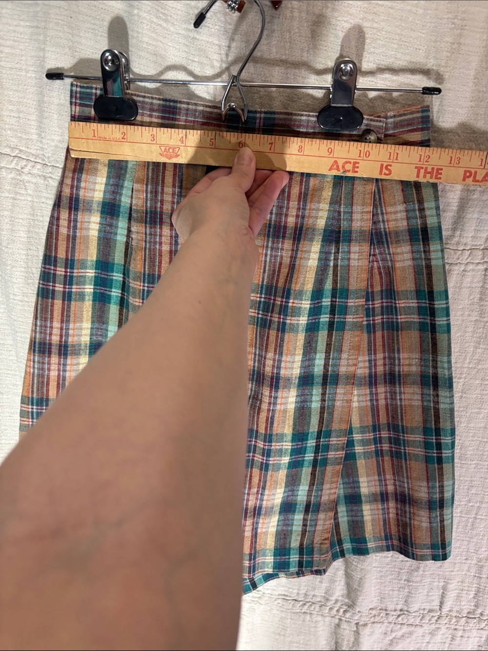 Plaid Wrap-Style Mini Skort in Teal, Brown & Cream Linen Cotton Blend - Picture 6 of 7